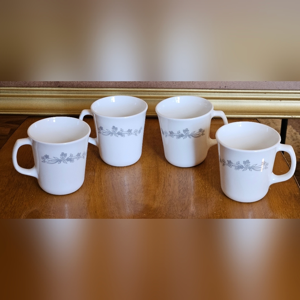 Set of 4 Corelle Corning Coffee Mug Ribbon Bouquet Grey Flowers on White Cup